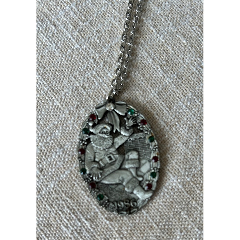1986 Fort Pewter Santa Claus Christmas Pendant Necklace Red Green Rhinestone